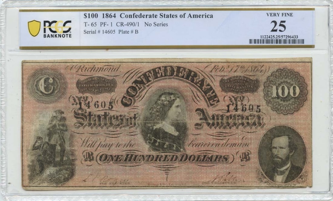 T-65 $100 Confederate Note 1864 PCGS VF25 Banknote (1 of 2)