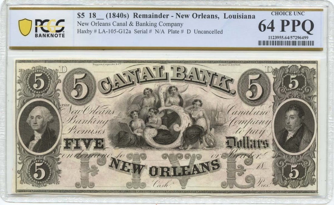 Canal Bank New Orleans $5 Obsolete Note PCGS MS64 Uncirculated (1 of 2)