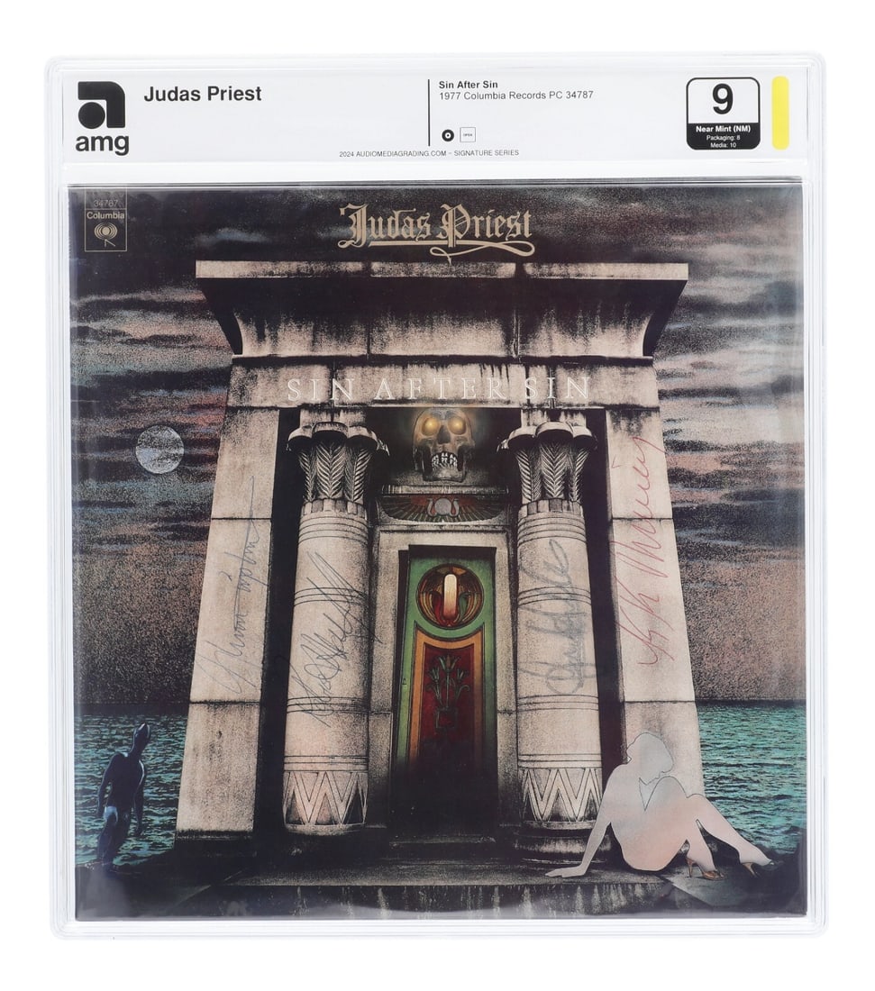 1977 Judas Priest Sin After Sin Vinyl Record Signed by 4 Band Members JSA COA NM 9: 1977 Judas Priest Sin After Sin Vinyl Record Signed by 4 Band Members JSA COA NM 9 This 1977 Judas Priest 'Sin After Sin' vinyl record is a remarkable collectible, signed by all four band members: Rob