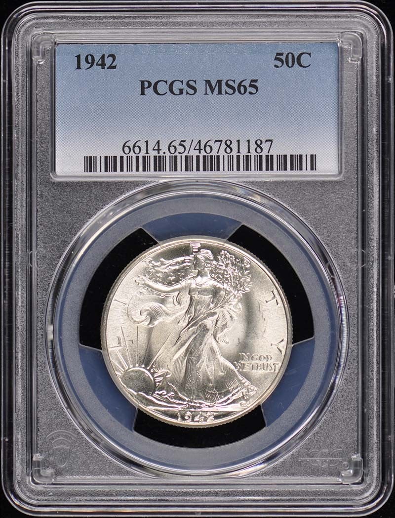 1942 Walking Liberty Half Dollar PCGS MS65 Uncirculated: 1942 Walking Liberty Half Dollar PCGS MS65 Uncirculated This 1942 Walking Liberty Half Dollar is graded MS65 by PCGS, ensuring its high quality and uncirculated condition. Struck at the Philadelphia m