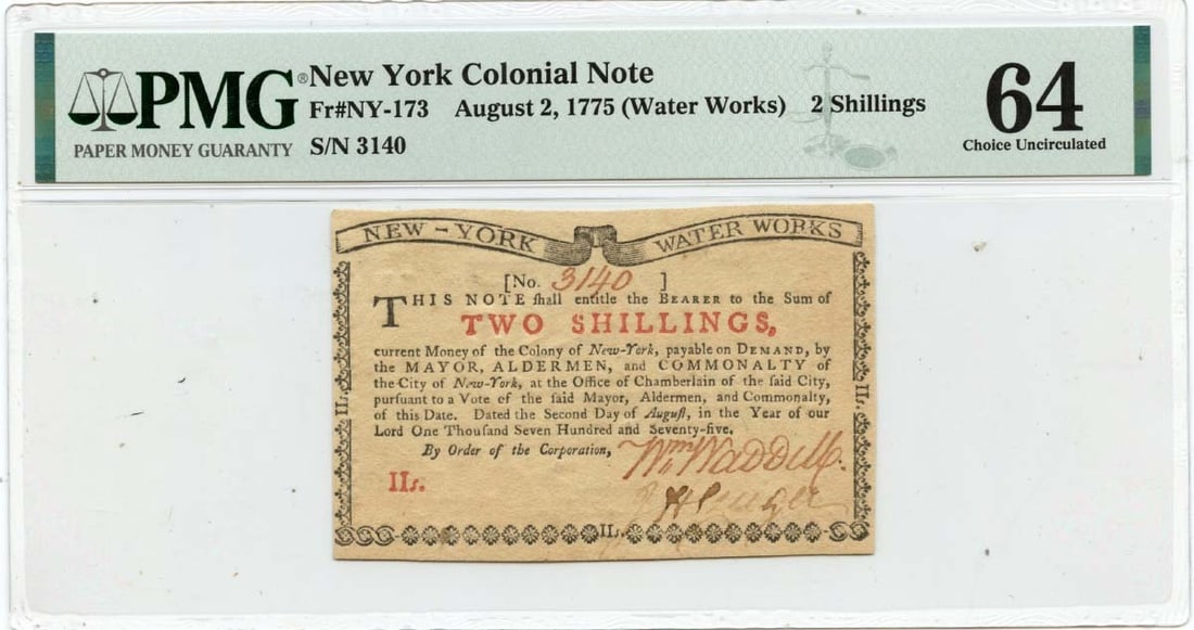 New York 2 Shillings Colonial Currency August 2 1775 PMG CU64 (1 of 2)