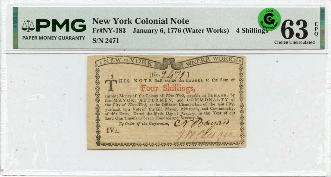 New York Colonial 4 Shillings Note Dated January 6 1776 PMG CU63 (1 of 2)