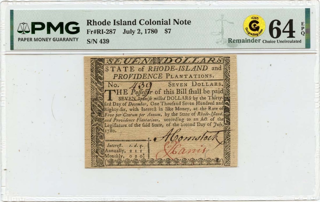Rhode Island $7 Colonial Currency July 2 1780 PMG Certified CU64 (1 of 2)