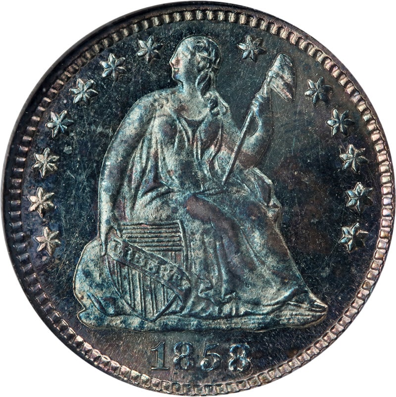 NGC PF63 Seated Liberty Half Dime Proof 1858 CAC Silver Superb Luster: NGC PF63 Seated Liberty Half Dime Proof 1858 CAC Silver Superb Luster This is an original 1858 Seated Liberty Half Dime Proof coin graded PF63 by NGC and certified with a CAC sticker. The coin feature