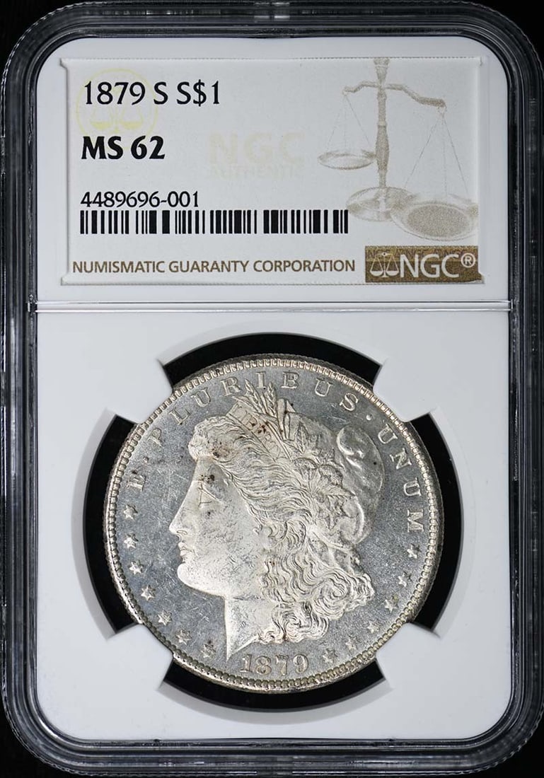 NGC MS62 1879 San Francisco Mint Morgan Silver Dollar: NGC MS62 1879 San Francisco Mint Morgan Silver Dollar This 1879-S Morgan Dollar is an uncirculated silver coin graded MS62 by NGC. Minted in San Francisco, it features the iconic Morgan Dollar design