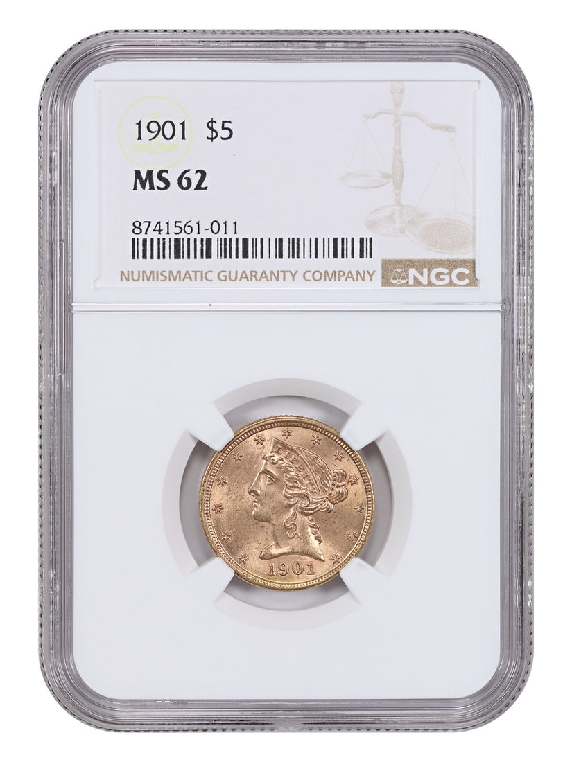 1901 Liberty Head Five Dollar Gold Coin NGC MS62 Uncirculated (1 of 4)