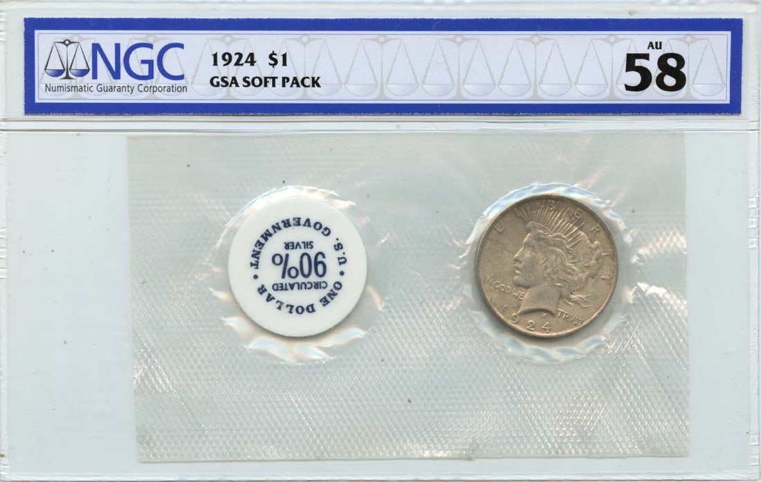 NGC AU58 1924 Peace Dollar Silver Soft Pack Philadelphia Mint: NGC AU58 1924 Peace Dollar Silver Soft Pack Philadelphia Mint This 1924 Peace Dollar is graded AU58 by NGC and comes in a GSA soft pack. Struck at the Philadelphia Mint, this circulated silver coin fr