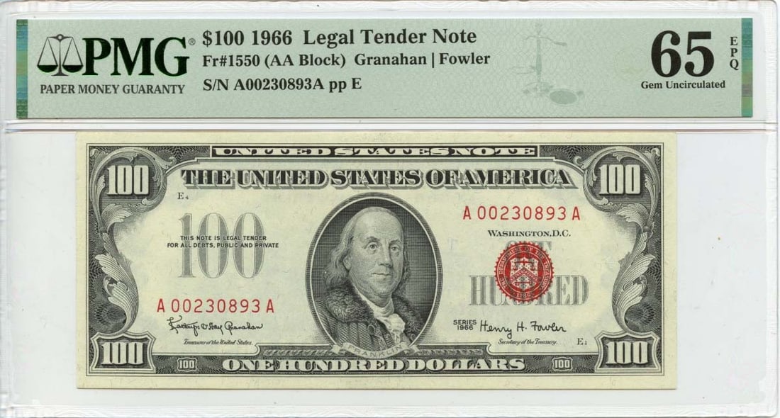 1966 $100 Legal Tender Note Red Seal PMG Gem 65 EPQ (1 of 2)
