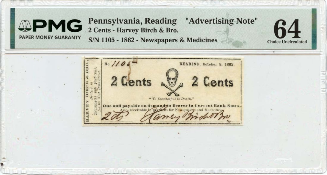 Reading PA 1862 Obsolete 2 Cent Note PMG CU64 Skull and Crossbones (1 of 2)