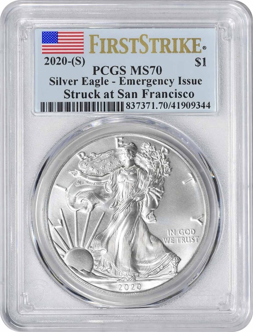 MS70 PCGS First Strike 2020 Silver Eagle San Francisco Emergency Issue Dollar Coin (1 of 2)