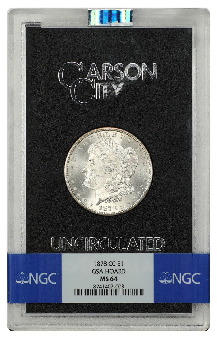 1878 Carson City Morgan Silver Dollar NGC MS64 GSA: 1878 Carson City Morgan Silver Dollar NGC MS64 GSA This is an uncirculated 1878-CC Morgan Dollar graded MS64 by NGC. Minted in Carson City, this pre-owned coin features a denomination of $1 and belong