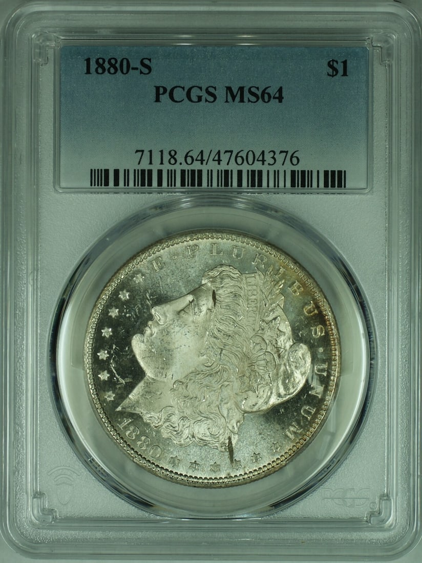 PCGS MS 64 1880-S Morgan Dollar Silver Uncirculated Coin: PCGS MS 64 1880-S Morgan Dollar Silver Uncirculated Coin This 1880-S Morgan Silver Dollar is an uncirculated coin graded MS 64 by PCGS. It features a blast white appearance and is composed of silver.