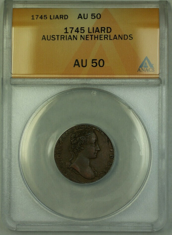 ANACS AU-50 Certified 1745 Austrian Netherlands Copper 1 Liard (1 of 2)