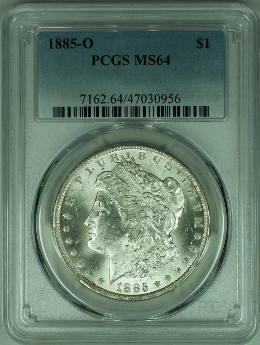 PCGS MS64 1885-O Morgan Dollar Silver Coin New Orleans Mint: PCGS MS64 1885-O Morgan Dollar Silver Coin New Orleans Mint This is an 1885-O Morgan Silver Dollar coin graded MS-64 by PCGS. Struck at the New Orleans Mint, this un-used coin is composed of 90% silve