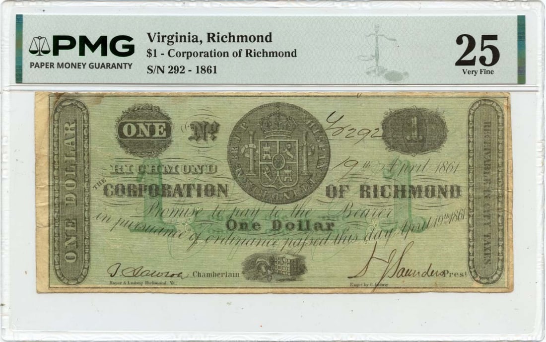 Richmond 1861 One Dollar Obsolete Currency PMG VF25 (1 of 2)