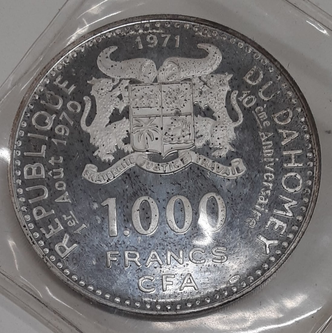 Prooflike 1971 Dahomey 1000 Franc Silver Coin Original Plastic Anniversary Issue (1 of 2)