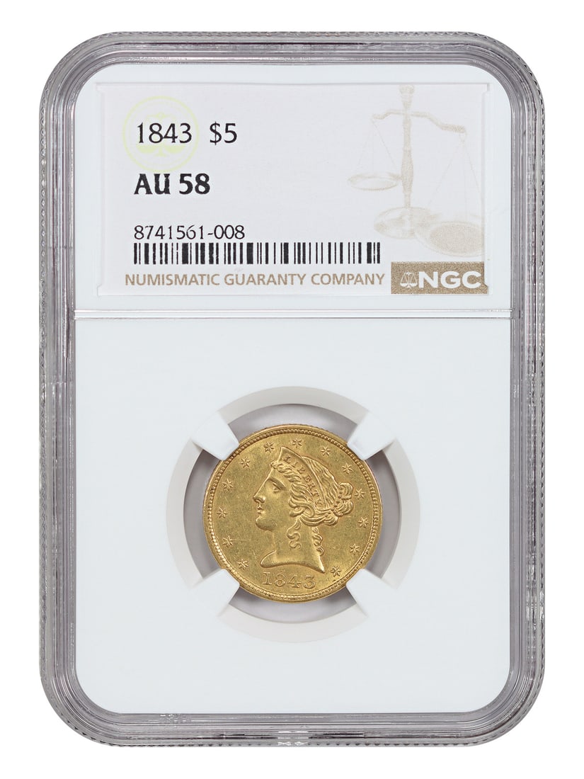 1843 Philadelphia $5 Liberty Head Gold Coin NGC AU58 (1 of 4)