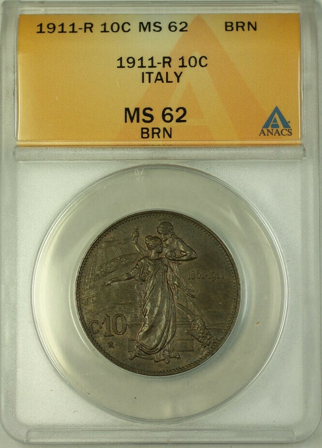 Uncirculated 1911-R Italy 10 Centesimi Copper Coin ANACS MS 62 Brown (1 of 2)