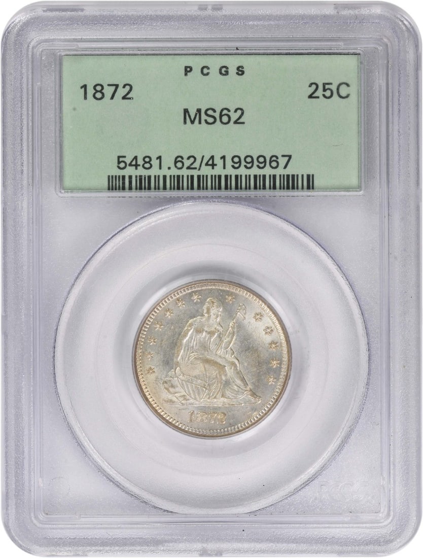 PCGS MS62 1872 Seated Liberty Quarter Dollar Silver Coin: PCGS MS62 1872 Seated Liberty Quarter Dollar Silver Coin This is an 1872 Liberty Seated Silver Quarter graded MS62 by PCGS. Struck at the Philadelphia Mint, this uncirculated coin features the Seated