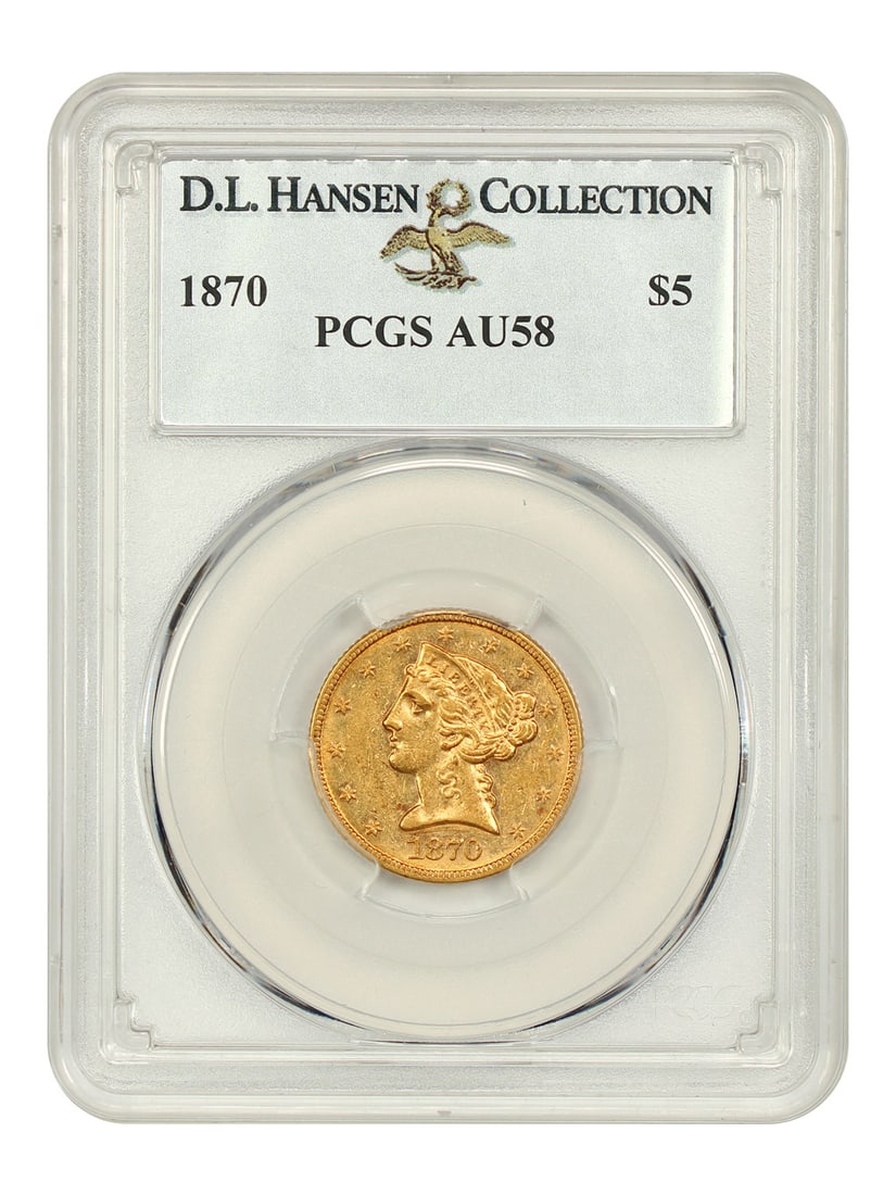 1870 Liberty Head $5 Coin PCGS AU58 Rare Gold Piece: 1870 Liberty Head $5 Coin PCGS AU58 Rare Gold Piece This 1870 Liberty Head $5 coin is a remarkable piece of history, graded AU58 by PCGS with certification number 30322625. Known for its rarity, this