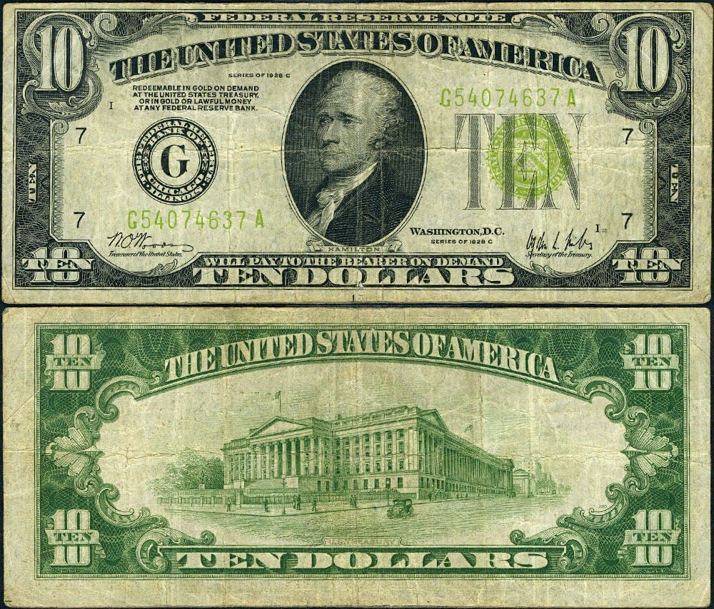 1928-C $10 Federal Reserve Note Chicago G-A Block Circulated (1 of 3)