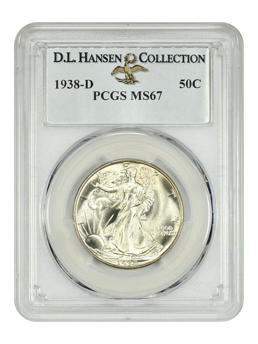 PCGS MS67 1938-D Walking Liberty Half Dollar ex D.L. Hansen: PCGS MS67 1938-D Walking Liberty Half Dollar ex D.L. Hansen This is a 1938-D Walking Liberty Half Dollar graded MS67 by PCGS, formerly from the D.L. Hansen collection. The coin is uncirculated and fea