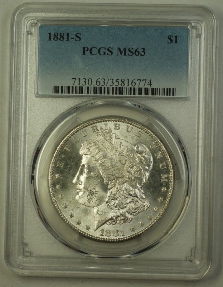 1881 San Francisco Morgan Dollar Silver $1 PCGS MS63 Certified Coin: 1881 San Francisco Morgan Dollar Silver $1 PCGS MS63 Certified Coin This 1881-S US Morgan Silver Dollar is a $1 coin certified by PCGS with a grade of MS-63. Struck at the San Francisco Mint, the coin