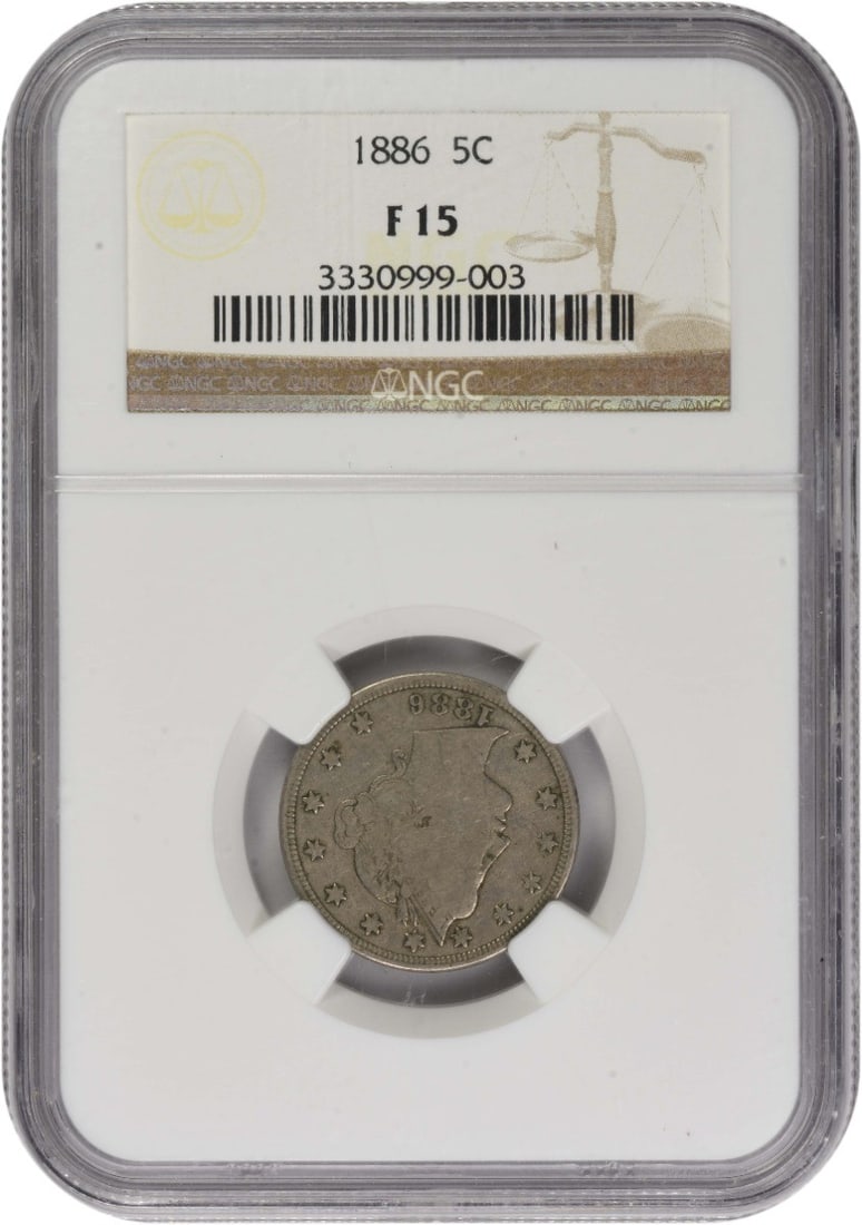 1886 Liberty Nickel 5C NGC Certified F15 Copper Nickel: 1886 Liberty Nickel 5C NGC Certified F15 Copper Nickel This 1886 Liberty Nickel, certified by NGC, is a remarkable piece of U.S. history. Struck in Philadelphia, this coin features a classic design by