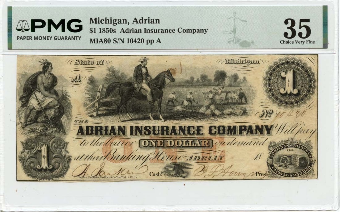 Adrian Insurance Company One Dollar Obsolete Banknote PMG VF35 (1 of 2)