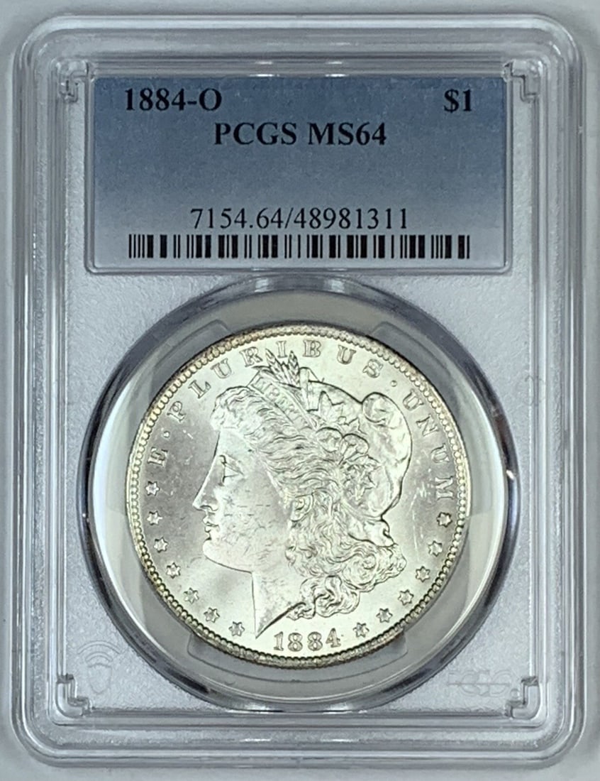 PCGS MS 64 1884-O Morgan Silver Dollar United States Certified Coin: PCGS MS 64 1884-O Morgan Silver Dollar United States Certified Coin This is an 1884-O Morgan Silver Dollar coin, certified by PCGS with a grade of MS 64. It is uncirculated and composed of silver, ori