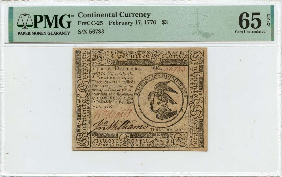 1776 $3 Continental Currency FR#CC-25 PMG Gem 65 EPQ Uncirculated Note (1 of 2)