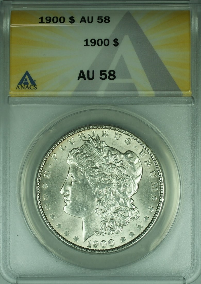 ANACS AU-58 1900 Morgan Silver Dollar Philadelphia Mint $1 Coin: ANACS AU-58 1900 Morgan Silver Dollar Philadelphia Mint $1 Coin This is a 1900 Morgan Silver Dollar $1 coin graded AU-58 by ANACS. Minted in Philadelphia, this circulated coin is composed of silver an
