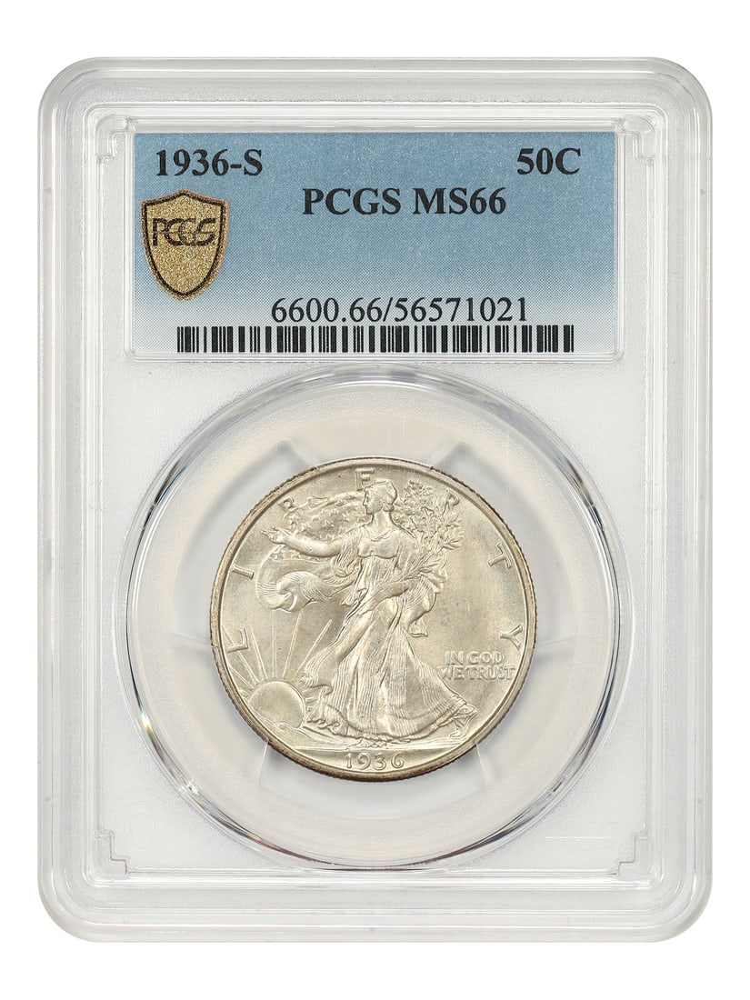 Walking Liberty 1936-S Half Dollar PCGS MS66 Uncirculated Coin: Walking Liberty 1936-S Half Dollar PCGS MS66 Uncirculated Coin This 1936-S Walking Liberty Half Dollar is a 50-cent coin graded MS66 by PCGS. It features a lightly toned surface and a sharply struck d