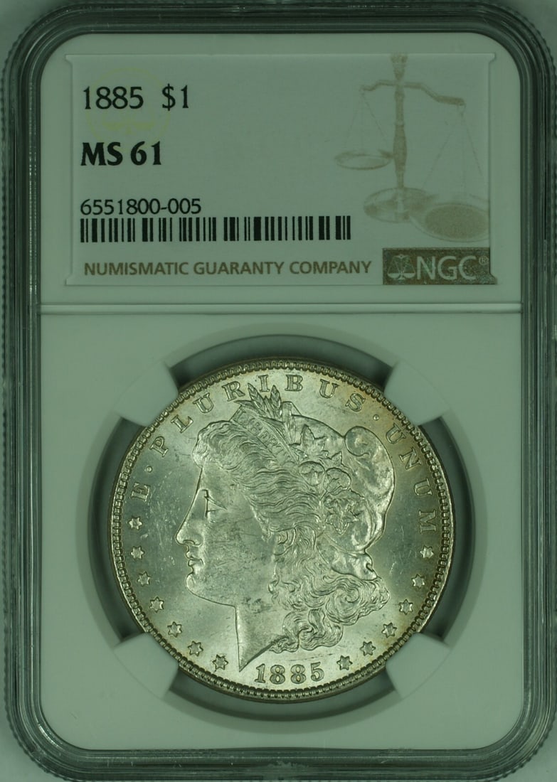 NGC MS 61 1885 Morgan Silver Dollar from Philadelphia: NGC MS 61 1885 Morgan Silver Dollar from Philadelphia This 1885 $1 Morgan Silver Dollar coin is graded MS-61 by NGC and was minted in Philadelphia. It is uncirculated, composed of silver, and features