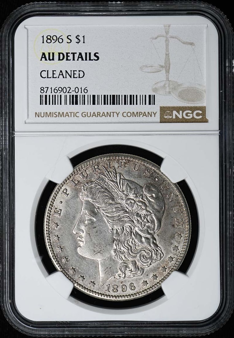 NGC AU Details 1896 San Francisco Morgan Silver Dollar: NGC AU Details 1896 San Francisco Morgan Silver Dollar This is an 1896-S Morgan Dollar graded AU Details by NGC. Minted in San Francisco, this pre-owned coin is certified and comes from the United Sta