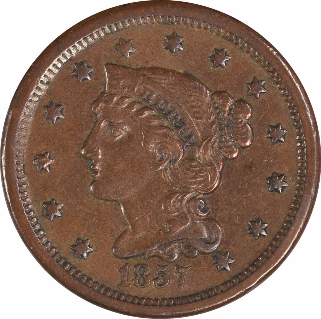 1857 Large Cent Small Date AU Copper Braided Hair Coin (1 of 2)