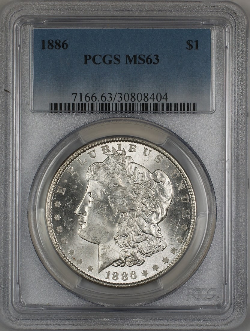 PCGS Certified 1886 Philadelphia Morgan Silver Dollar MS-63 Uncirculated: PCGS Certified 1886 Philadelphia Morgan Silver Dollar MS-63 Uncirculated This is an 1886 Morgan Silver Dollar graded MS-63 by PCGS. The coin was minted in Philadelphia, United States, and is composed