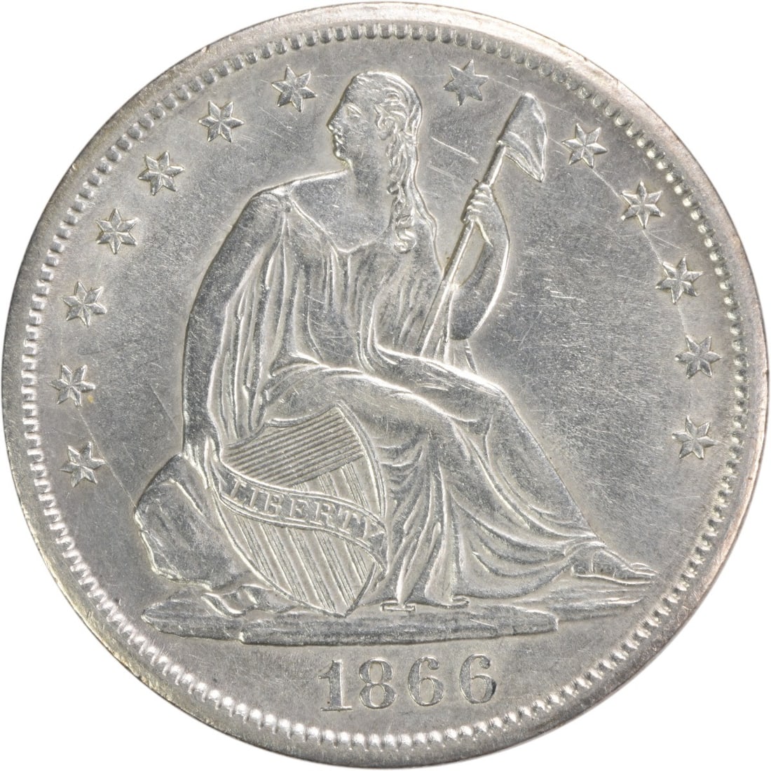 1866-S Liberty Seated Half Dollar 90% Silver AU Uncertified: 1866-S Liberty Seated Half Dollar 90% Silver AU Uncertified This 1866-S Liberty Seated Half Dollar is a remarkable piece of numismatic history. Featuring a design by Thomas Sully and Christian Gobrech