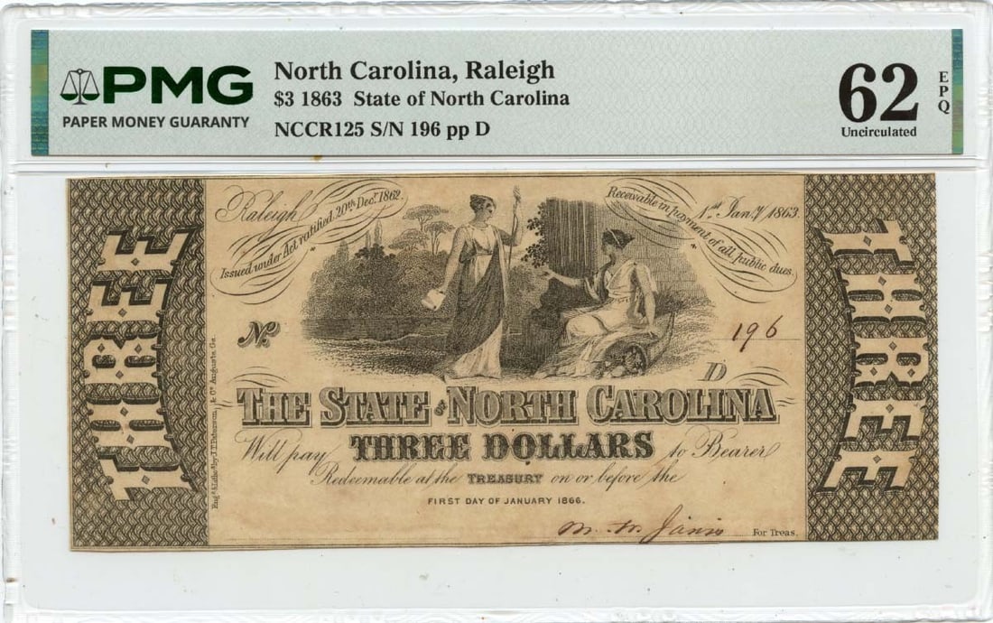 State of North Carolina 1863 Three Dollar Raleigh Obsolete Currency PMG CU62 EPQ (1 of 2)