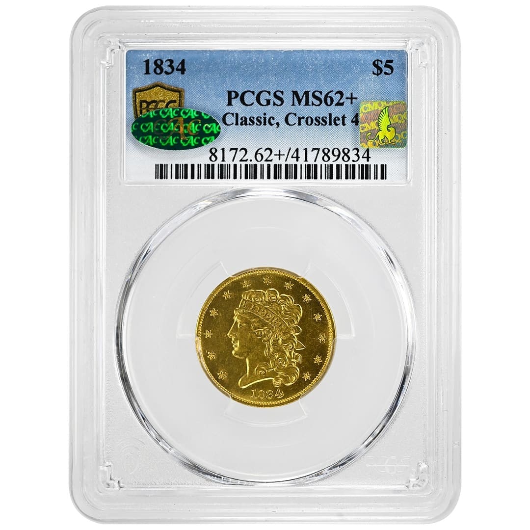 1834 $5 Classic Head Gold Coin PCGS MS62+ CAC Crosslet 4 Rare (1 of 4)