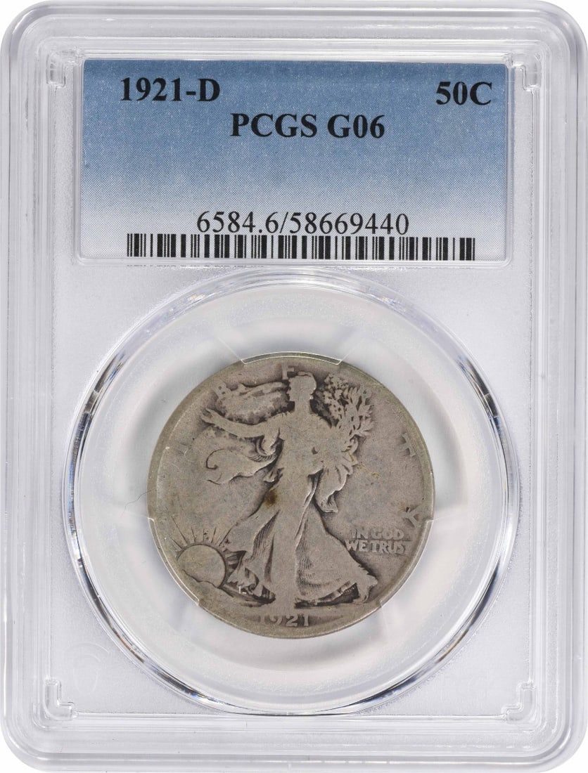 PCGS Certified 1921-D Liberty Walking Silver Half Dollar G Grade: PCGS Certified 1921-D Liberty Walking Silver Half Dollar G Grade This 1921-D Walking Liberty Silver Half Dollar is a pre-owned circulated coin graded G06 by PCGS. Minted in Denver, it features the ico