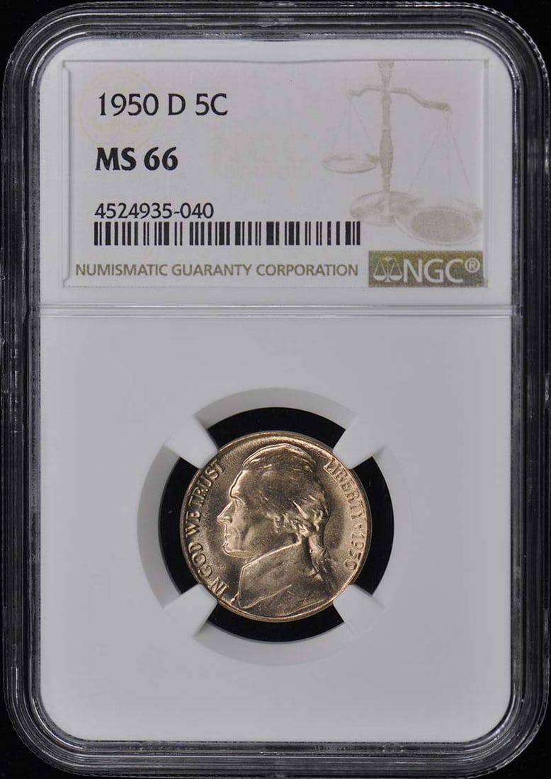 1950-D Jefferson Nickel NGC MS66 Uncirculated Coin: 1950-D Jefferson Nickel NGC MS66 Uncirculated Coin This 1950-D Jefferson Nickel is a remarkable piece, certified by NGC with a grade of MS66, indicating its excellent condition as an uncirculated coin