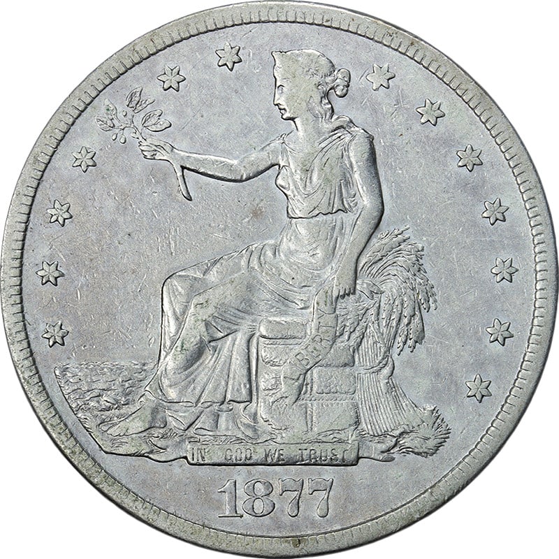 XF Grade 1877 San Francisco Trade Dollar Silver Coin United States: XF Grade 1877 San Francisco Trade Dollar Silver Coin United States This 1877-S Trade Dollar features attractive eye appeal, a strong strike, and well-preserved surfaces with appealing color. Graded as