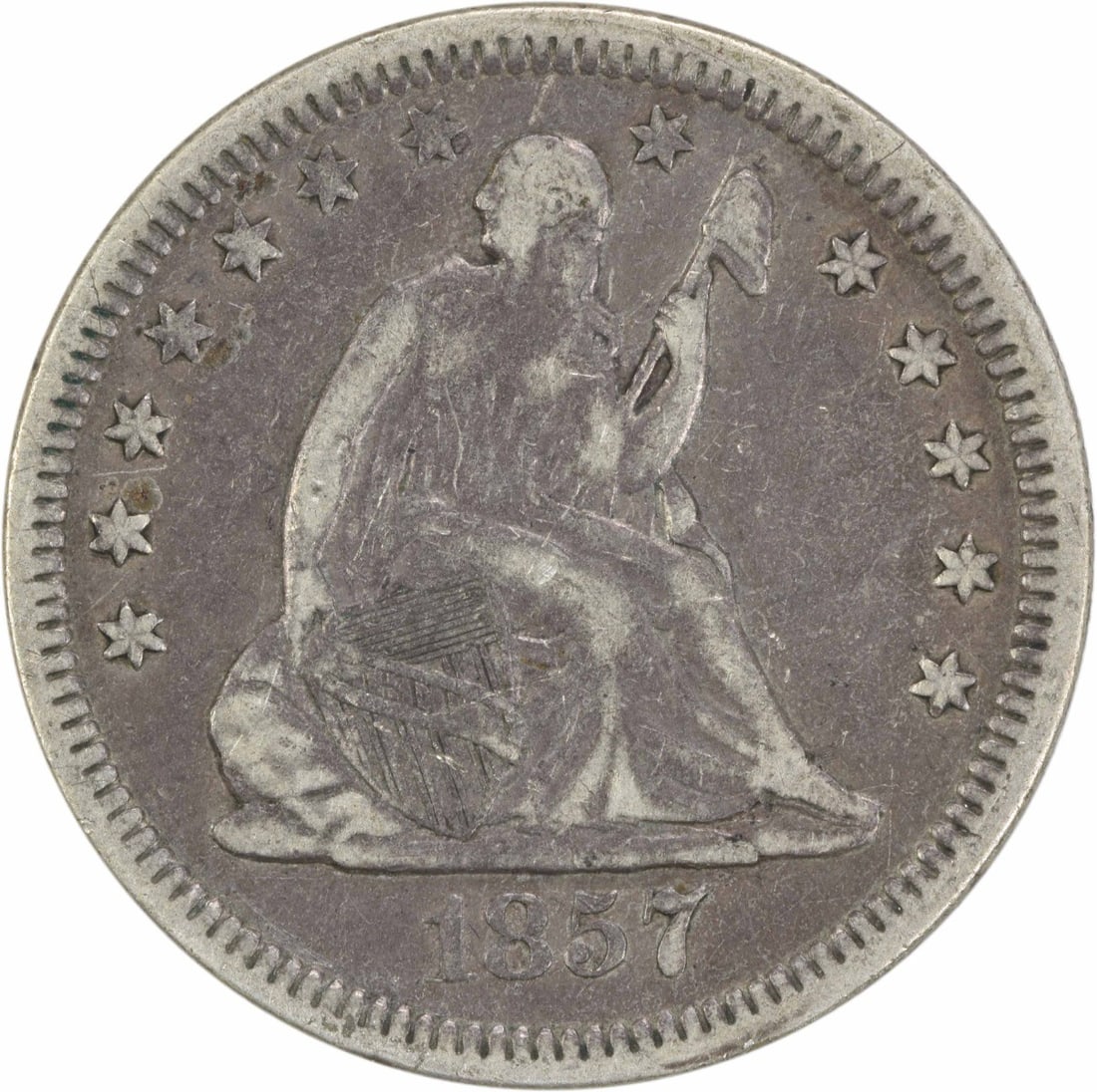 1857 Liberty Seated Quarter 90% Silver Uncertified Circulated: 1857 Liberty Seated Quarter 90% Silver Uncertified Circulated This 1857 Liberty Seated Silver Quarter is a classic piece of American coinage, featuring the iconic Seated Liberty design. Minted in Phil