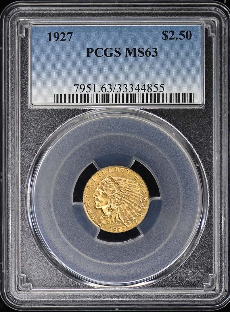 1927 Indian Head Quarter Eagle PCGS MS63 Gold Coin: 1927 Indian Head Quarter Eagle PCGS MS63 Gold Coin This 1927 Indian Head $2.50 gold coin is certified by PCGS with a grade of MS63. The coin is uncirculated and was minted in Philadelphia. It features