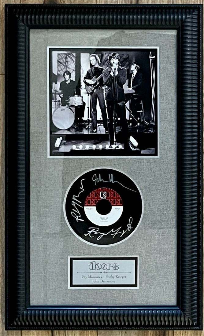 The Doors Signed Touch Me 45 RPM Display JSA Authenticated: The Doors Signed Touch Me 45 RPM Display JSA Authenticated This stunning display features an original 1968 "Touch Me" 45 rpm record by The Doors, beautifully autographed by drummer John Densmore, keyb
