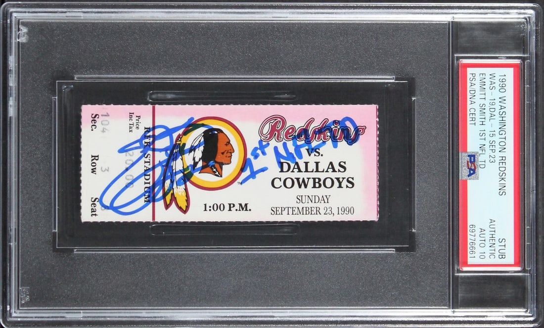 Emmitt Smith Signed 1990 1st NFL TD Ticket Stub PSA Gem Mint 10: Emmitt Smith Signed 1990 1st NFL TD Ticket Stub PSA Gem Mint 10 Celebrate a historic moment in NFL history with this original September 23, 1990 ticket stub from Emmitt Smith's first NFL touchdown. Th