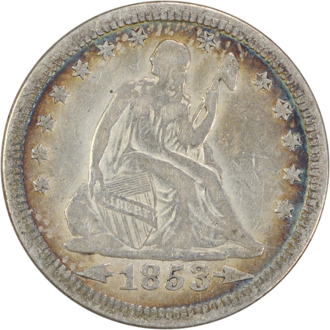 1853 Liberty Seated Silver Quarter Circulated VF Uncertified 25C: 1853 Liberty Seated Silver Quarter Circulated VF Uncertified 25C This 1853 Liberty Seated Silver Quarter features the Arrows and Rays design, a notable representation of American coinage. Struck at th