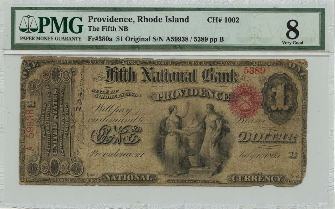 PMG VG8 1865 $1 Fifth National Bank Providence Rhode Island FR380a Currency: PMG VG8 1865 $1 Fifth National Bank Providence Rhode Island FR380a Currency This 1865 $1 National Bank Note from the Fifth National Bank of Providence, Rhode Island, is identified as FR#380a and certi