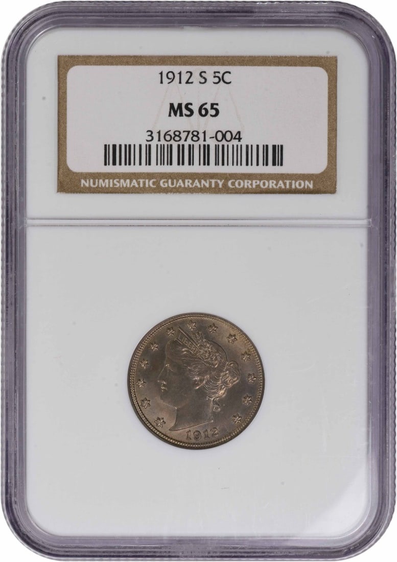 NGC MS65 1912 San Francisco Liberty Nickel 5C Uncirculated: NGC MS65 1912 San Francisco Liberty Nickel 5C Uncirculated This is a 1912-S Liberty Nickel graded MS65 by NGC. Struck at the San Francisco Mint, this uncirculated coin features the classic Liberty des